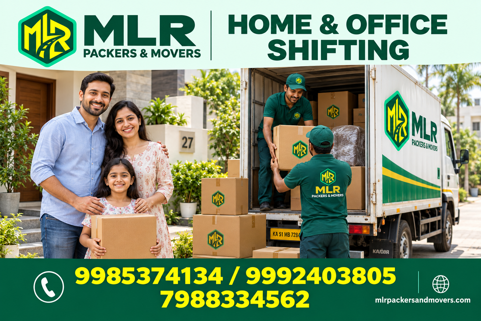 MLR Home and Office Shifting promotional illustration with approved logo and phone numbers 9985374134, 9992403805 and 7988334562