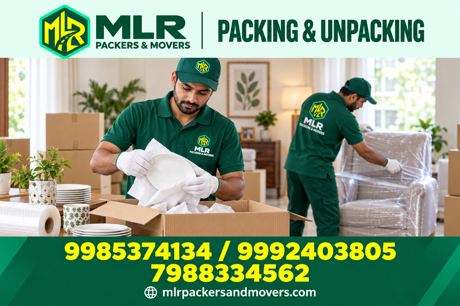 MLR Packing and Unpacking — branded promotional image with logo and phone numbers