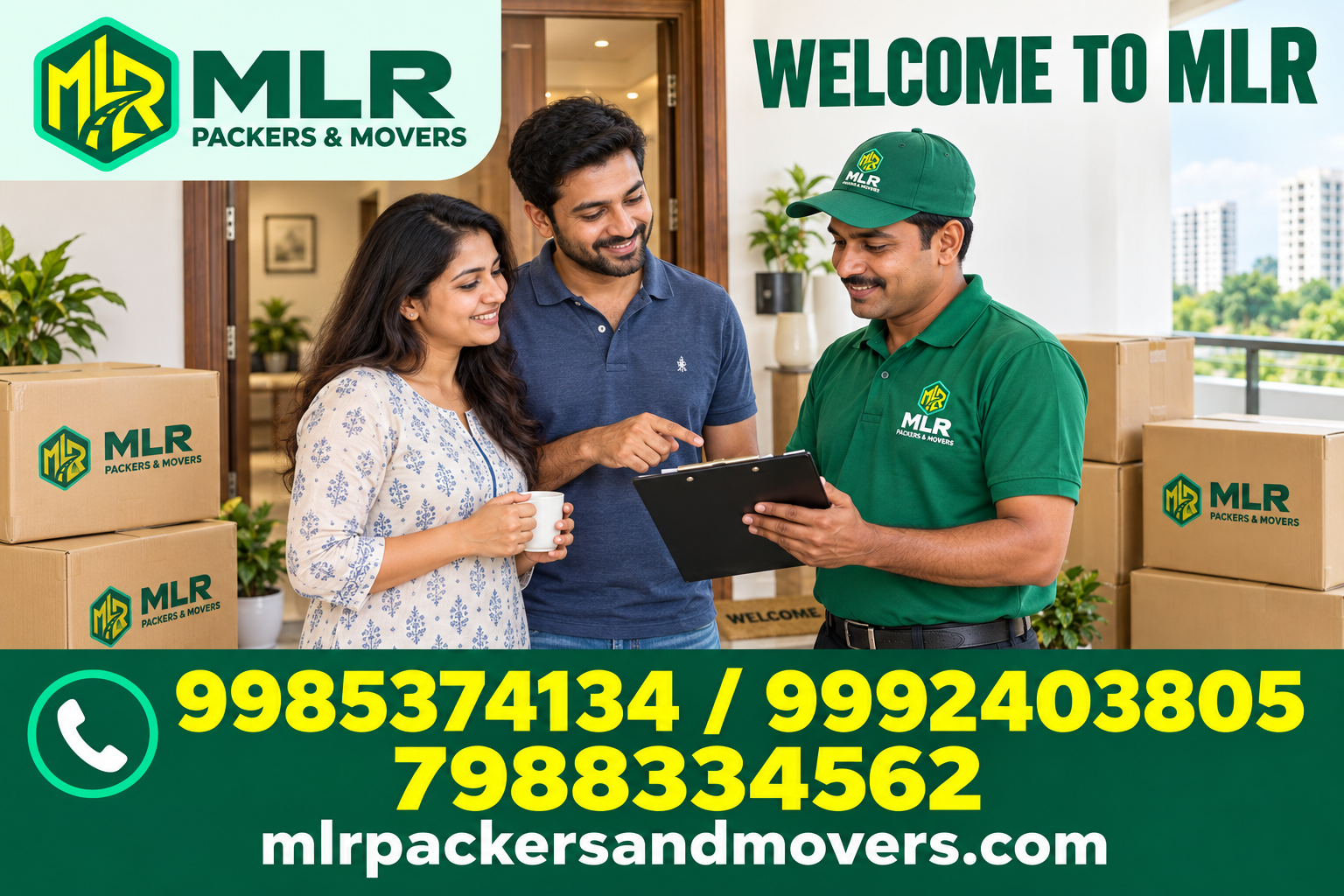 Welcome to MLR Packers and Movers — branded promotional image with large contact numbers